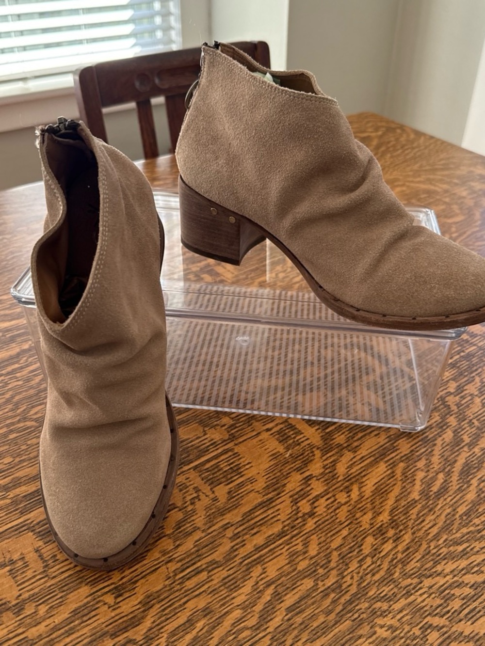 beek Taupe Suede Ankle Booties with Stacked Heel